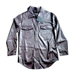 Halogen Women Brown Faux Leather Button-Up Shirt Jacket With Pockets S